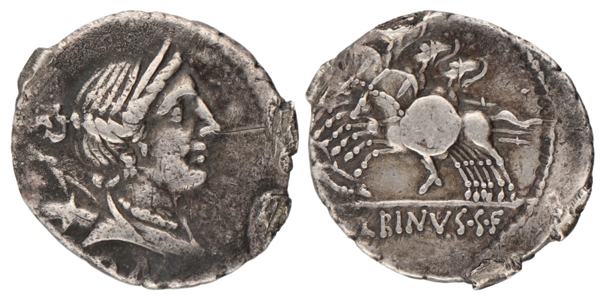 Roman Republic. C. Publicius Malleolus, A. Postumius Albinus, L. Caecelius Mettelus. Denarius. ND (96 BC).