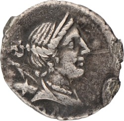 Roman Republic. C. Publicius Malleolus, A. Postumius Albinus, L. Caecelius Mettelus. Denarius. ND (96 BC).