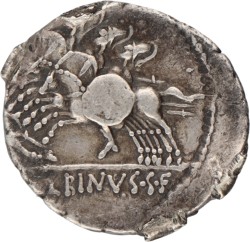 Roman Republic. C. Publicius Malleolus, A. Postumius Albinus, L. Caecelius Mettelus. Denarius. ND (96 BC).