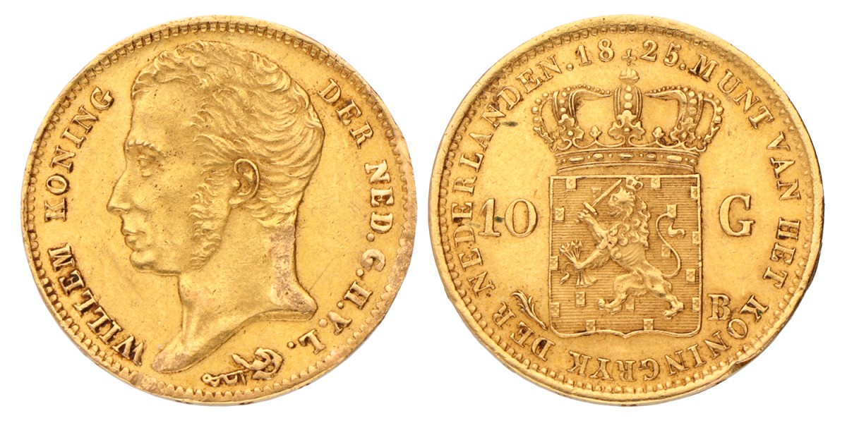 10 Gulden. Willem I. 1825 B. Zeer Fraai / Prachtig.
