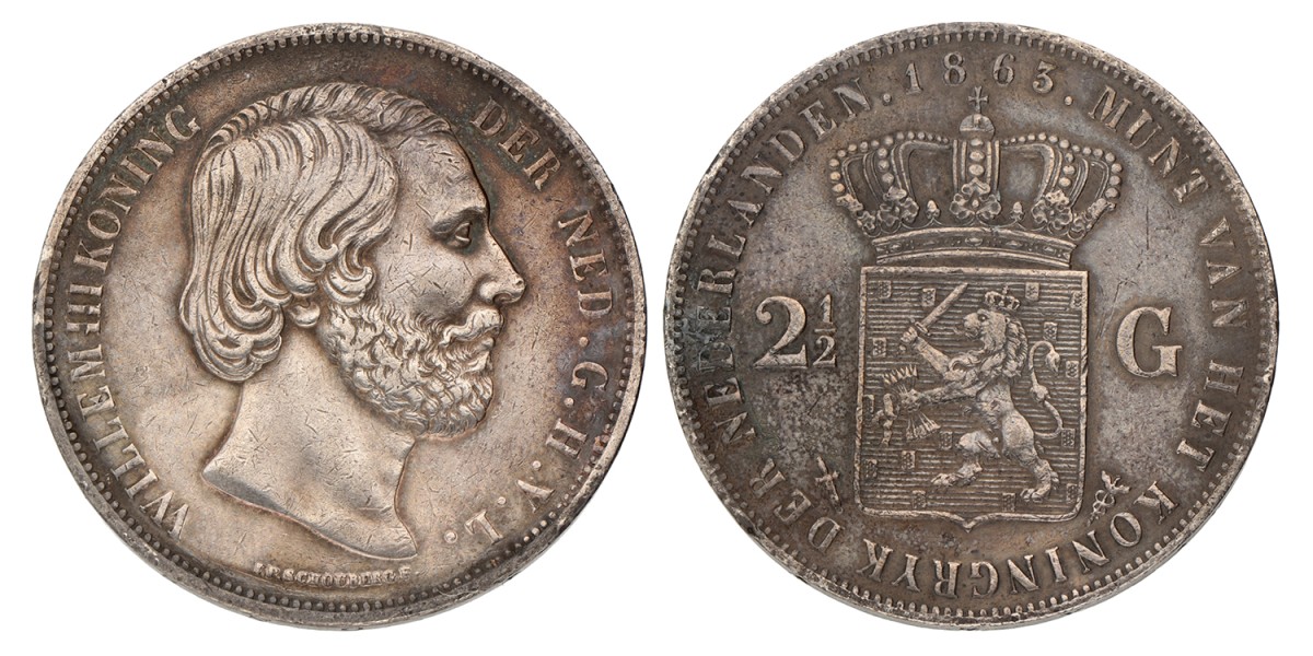 No reserve - 2½ Gulden. Willem III. 1863. Zeer Fraai +.