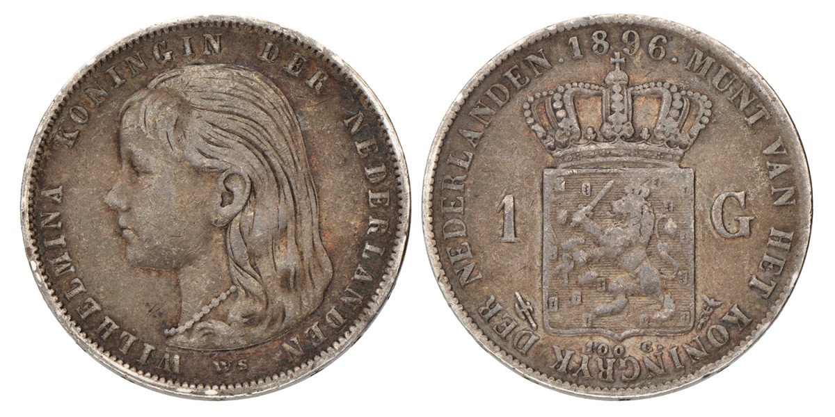 1 Gulden. Wilhelmina. 1896. Zeer Fraai.