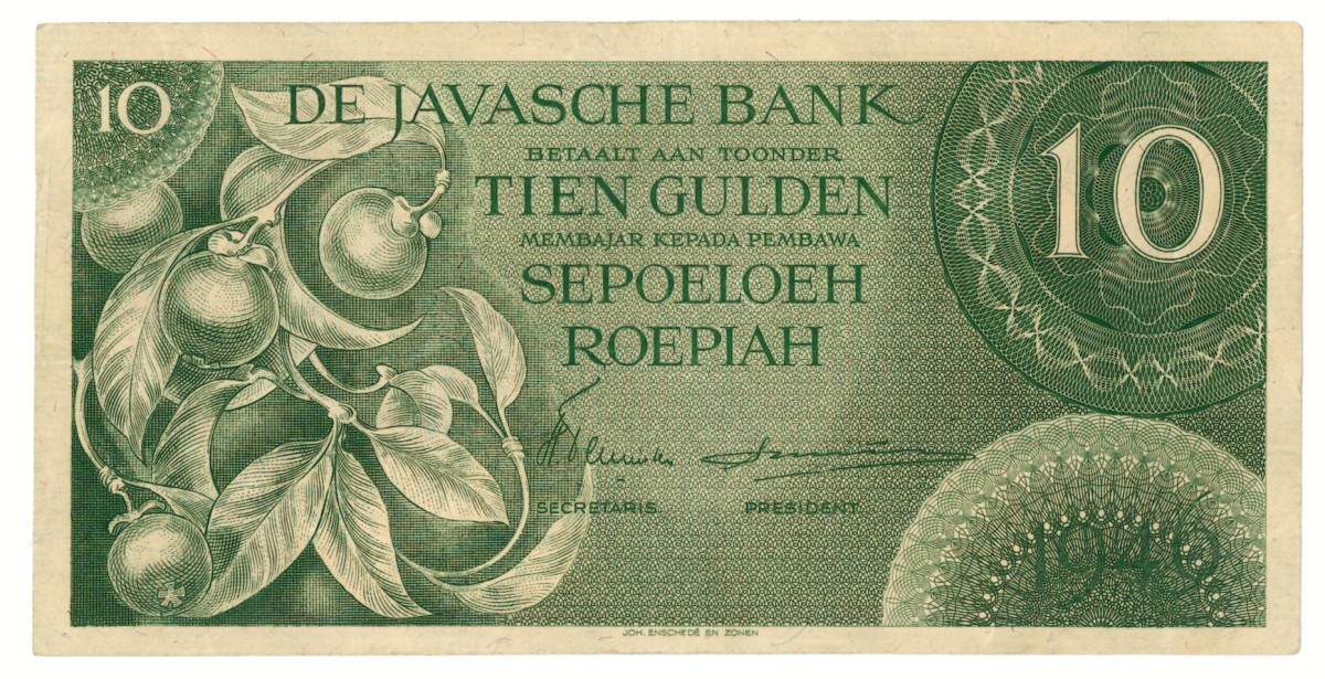 Netherlands-Indies. 10 gulden. Banknote. Type 1946. - Extremely fine.