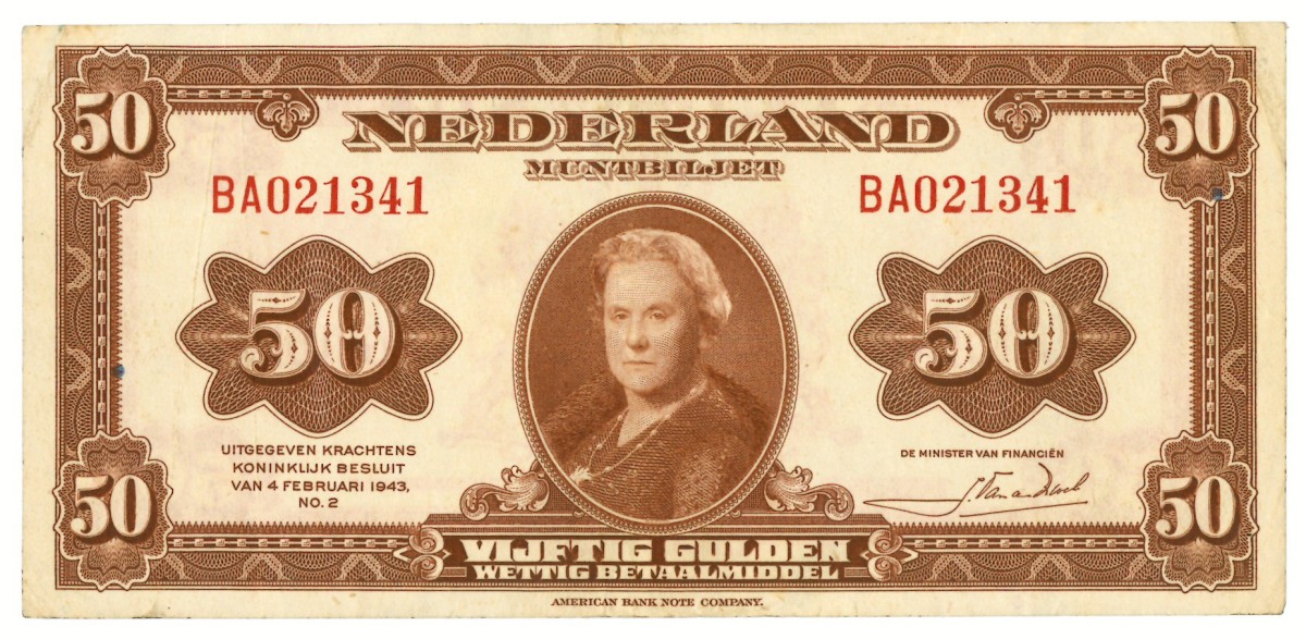 Nederland. 50 gulden. Muntbiljet. Type 1943. - Zeer Fraai.