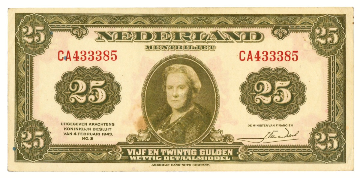 Nederland. 25 gulden. Muntbiljet. Type 1943. - Zeer Fraai.