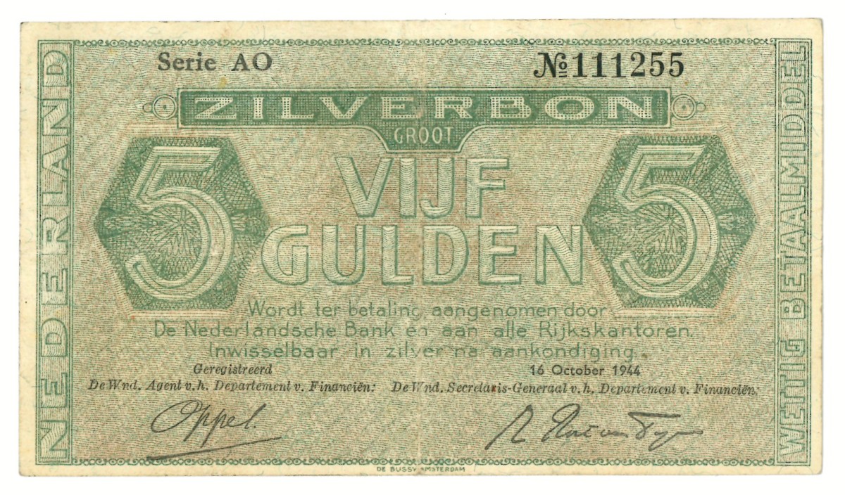 Nederland. 5 gulden. Zilverbon. Type 1944. - Zeer Fraai -.