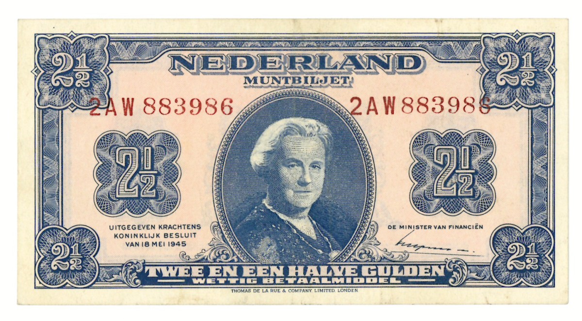 Nederland. 2½ gulden. Muntbiljet. Type 1945. - Prachtig +.
