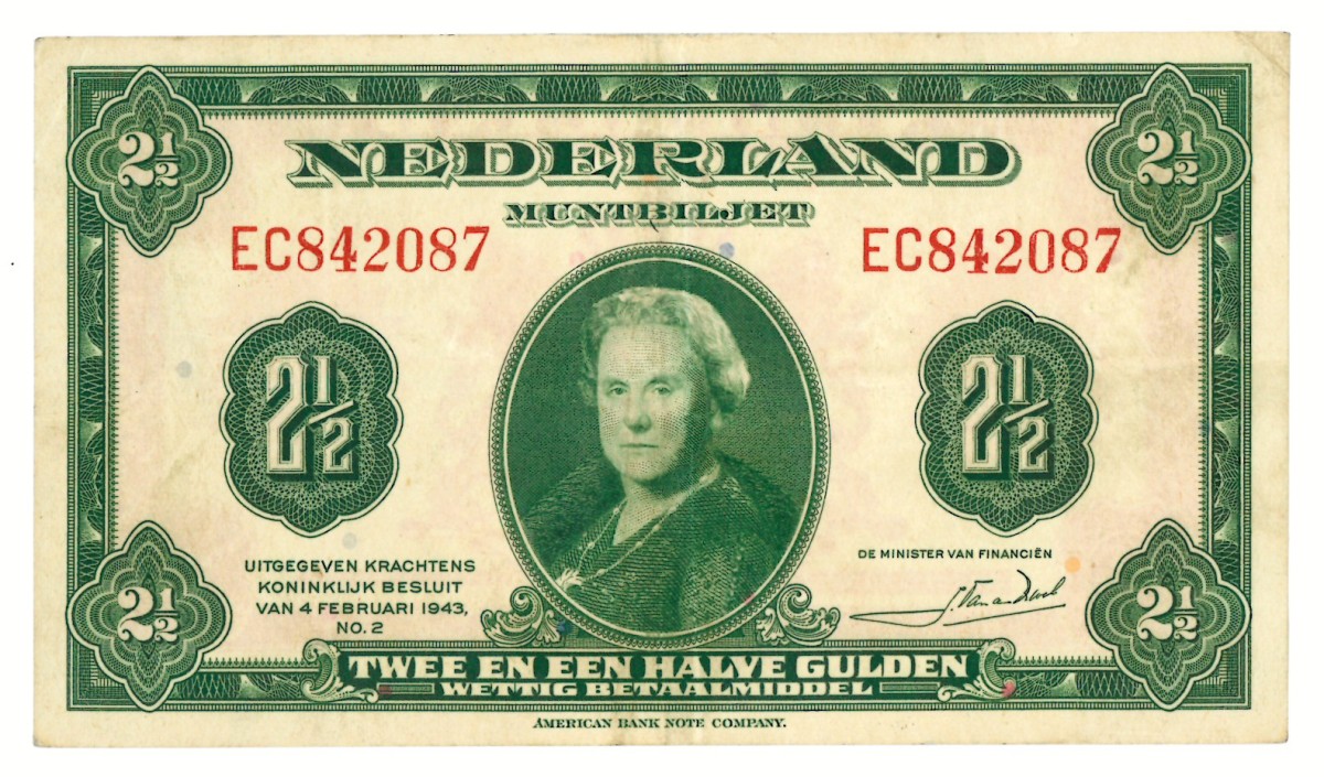 Nederland. 2½ gulden. Muntbiljet. Type 1943. - Zeer Fraai +.