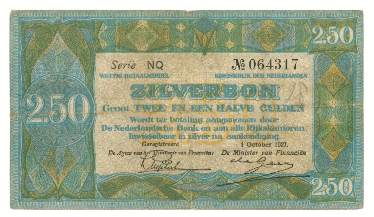 Nederland. 2½ gulden. Zilverbon. Type 1927. - Fraai.