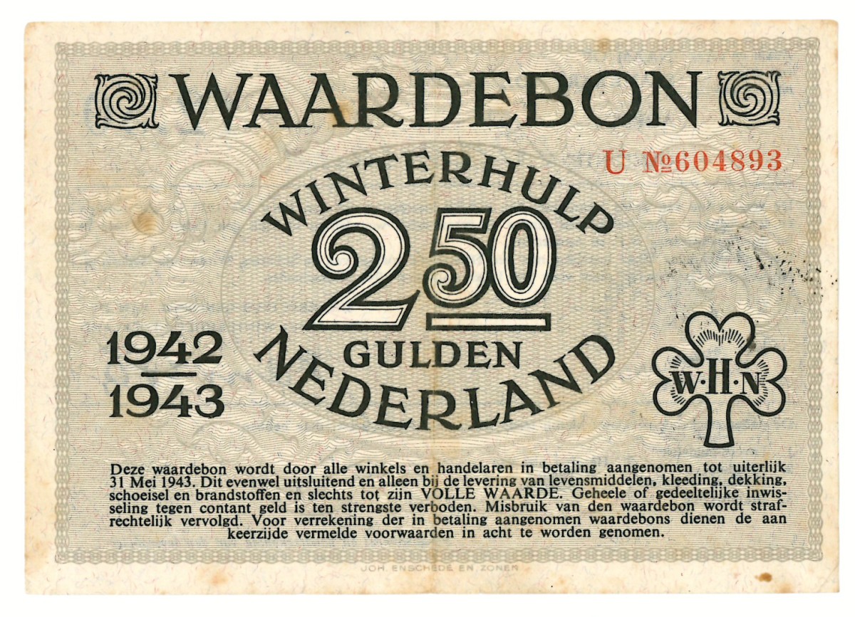 Nederland. 2½ gulden. Waardebon. Type 1942-1943. - Zeer Fraai +.