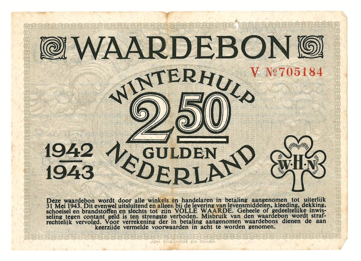 Nederland. 2½ gulden. Waardebon. Type 1942-1943. - Zeer Fraai.