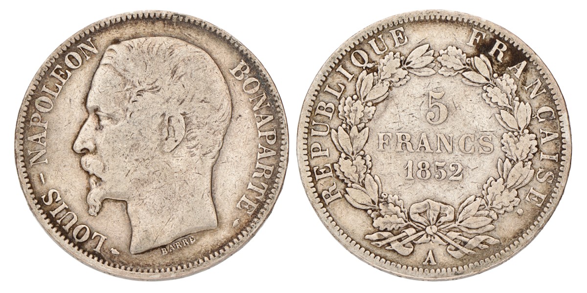 No reserve - France. Second republic. Louis Napoleon. 5 Francs. 1852 A.