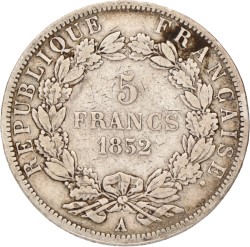 No reserve - France. Second republic. Louis Napoleon. 5 Francs. 1852 A.