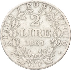 No reserve - Italian states. Papal states. Pius IX. 2 Lire. 1867 R.