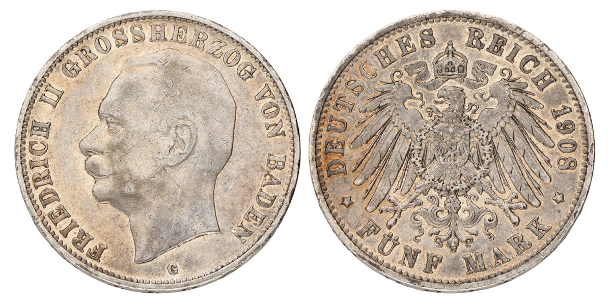 No reserve - German states. Baden. Friedrich II. 5 Mark. 1908 D.