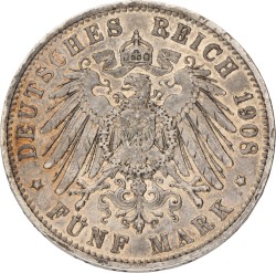 No reserve - German states. Baden. Friedrich II. 5 Mark. 1908 D.