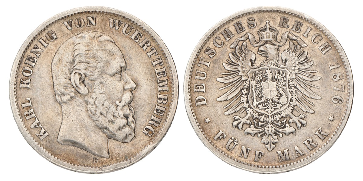 No reserve - German states. Württemberg. Karl I. 5 Mark. 1876 F.