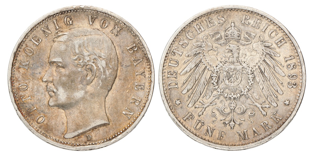 No reserve - German states. Bavaria. Otto. 5 Mark. 1893 D.