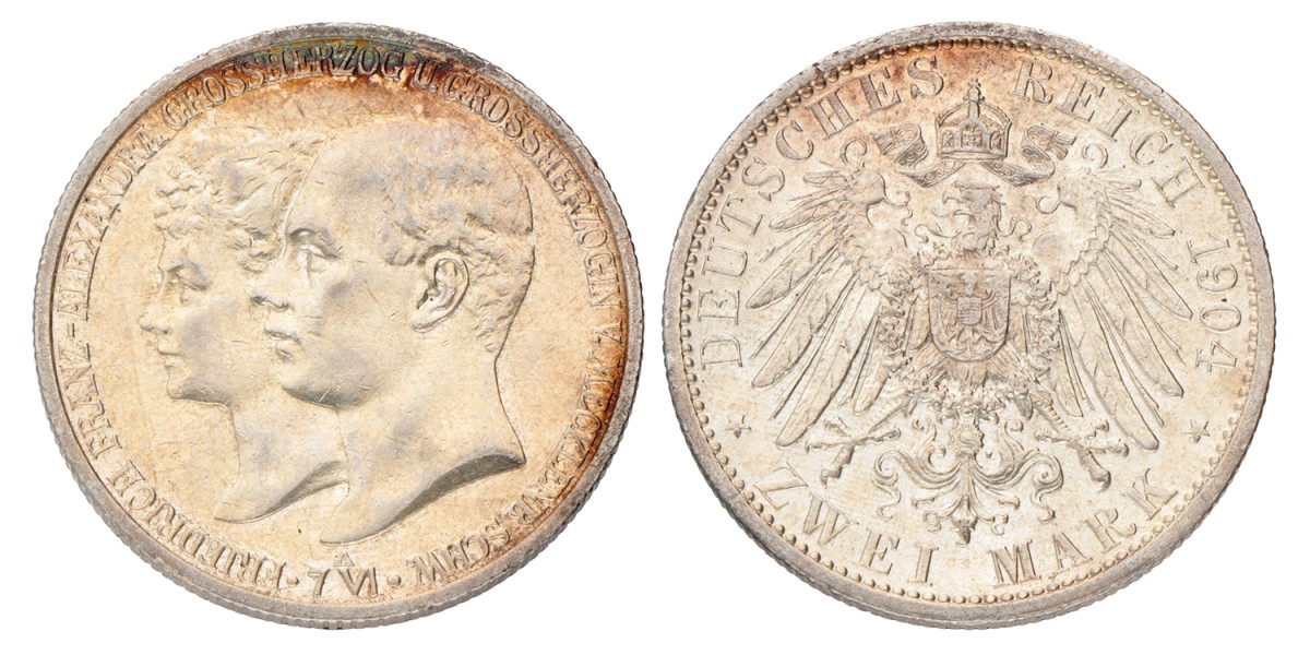 German states. Mecklenburg-Schwerin. Friedrich Franz IV. 2 Mark - Mariage of Friedrich Franz and Alexandra. 1904 A.