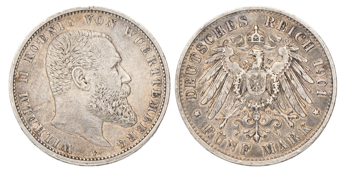 No reserve - German states. Württemberg. Wilhelm II. 5 Mark. 1901 F.