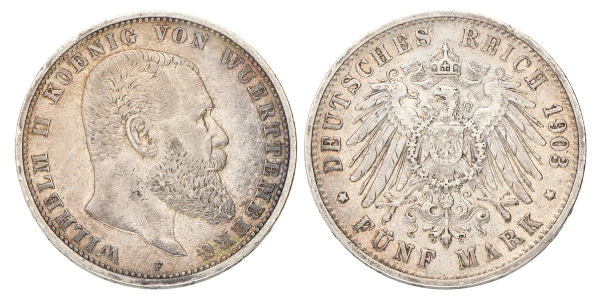 No reserve - German states. Württemberg. Wilhelm II. 5 Mark. 1903 F.