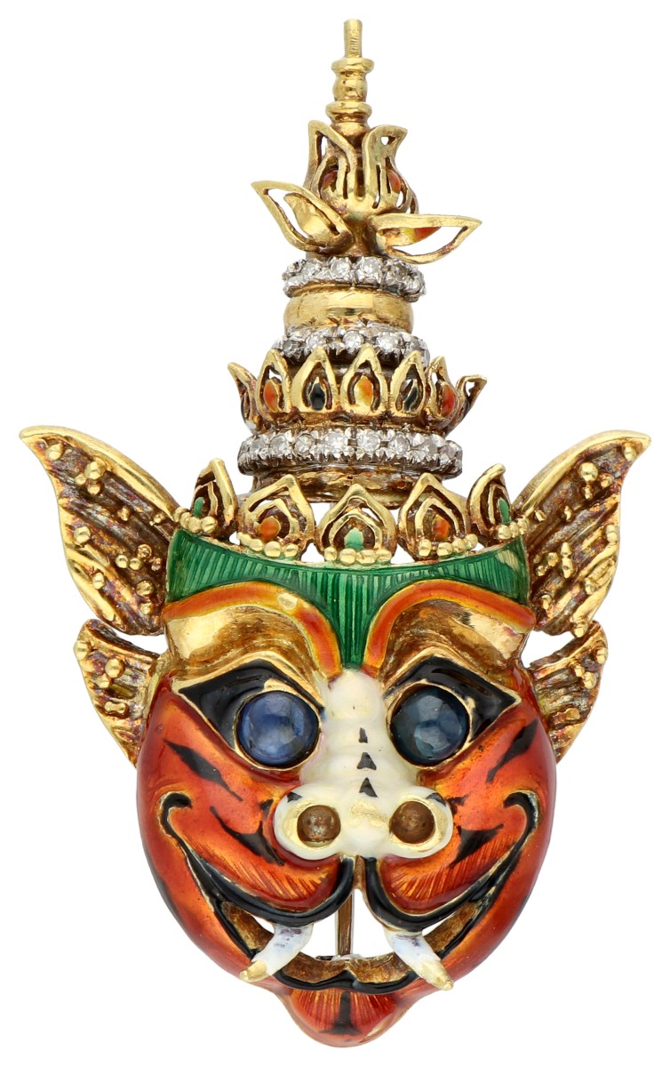 18K Geelgouden broche Thai Khon masker met diamant.