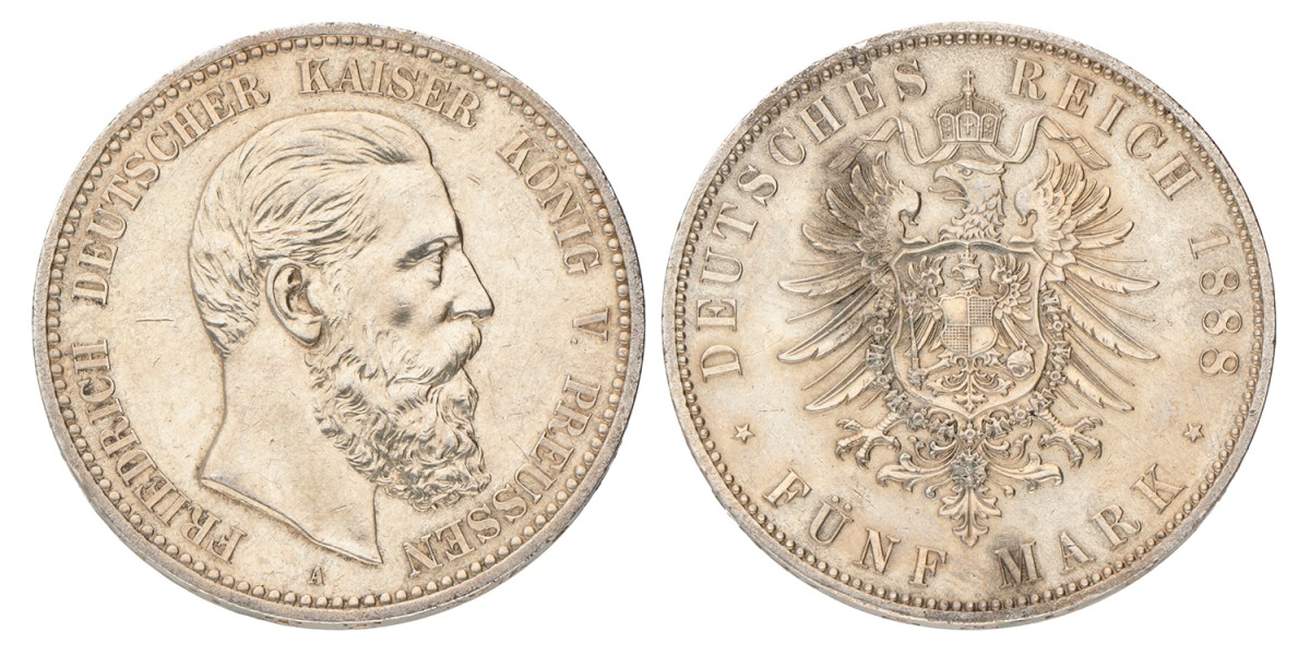 No reserve - German states. Prussia. Friedrich III. 5 Mark. 1888 A.