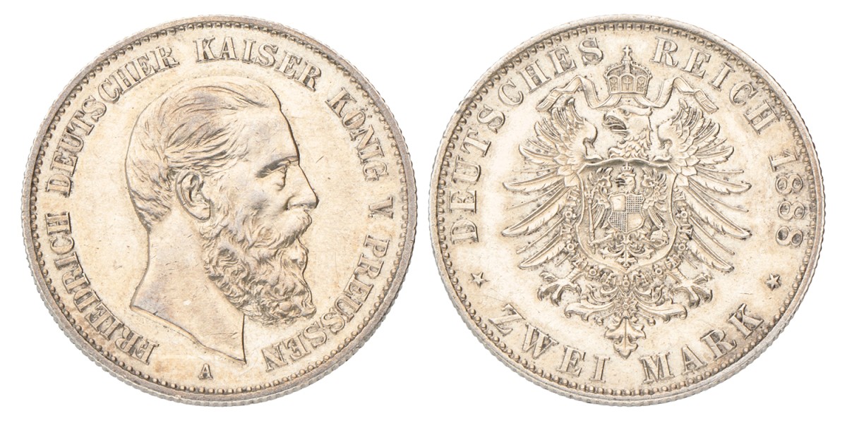 No reserve - German states. Prussia. Friedrich III. 2 Mark. 1888 A.