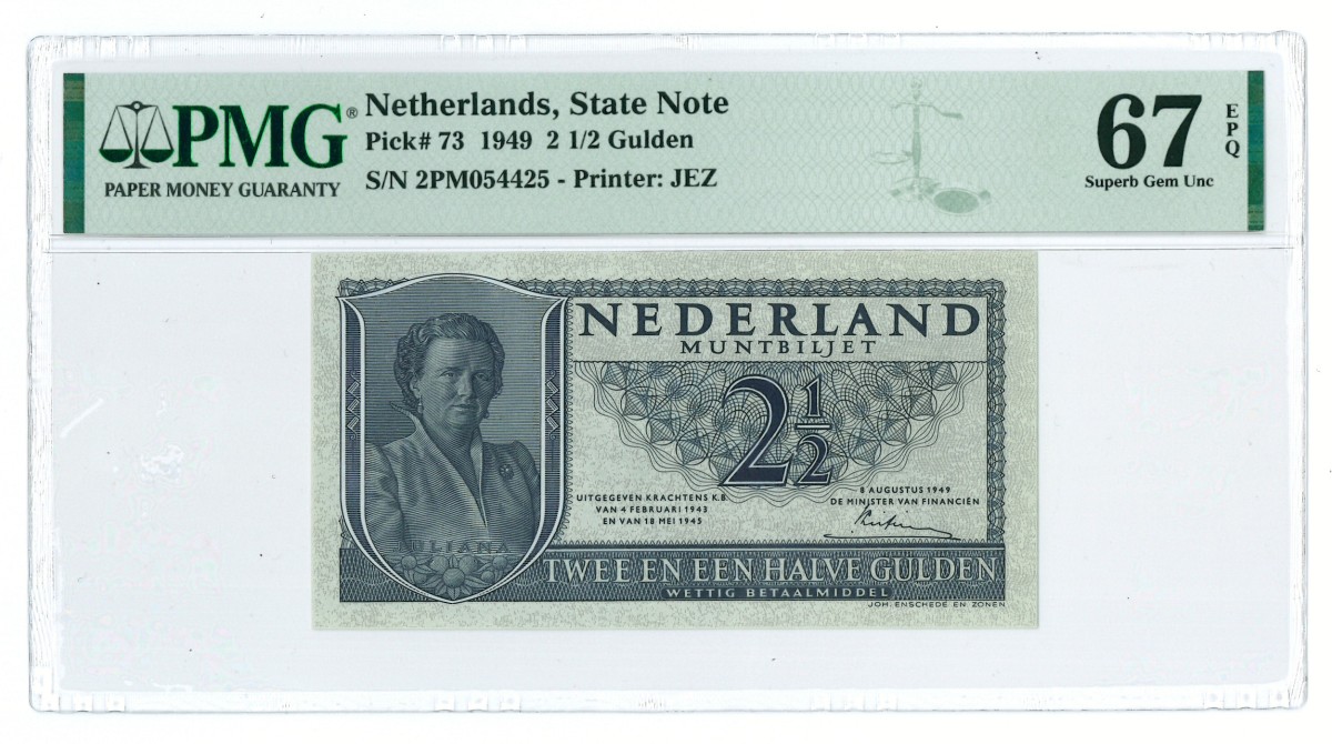 Nederland. 2½ gulden. Muntbiljet. Type 1949. - PMG 67EPQ.