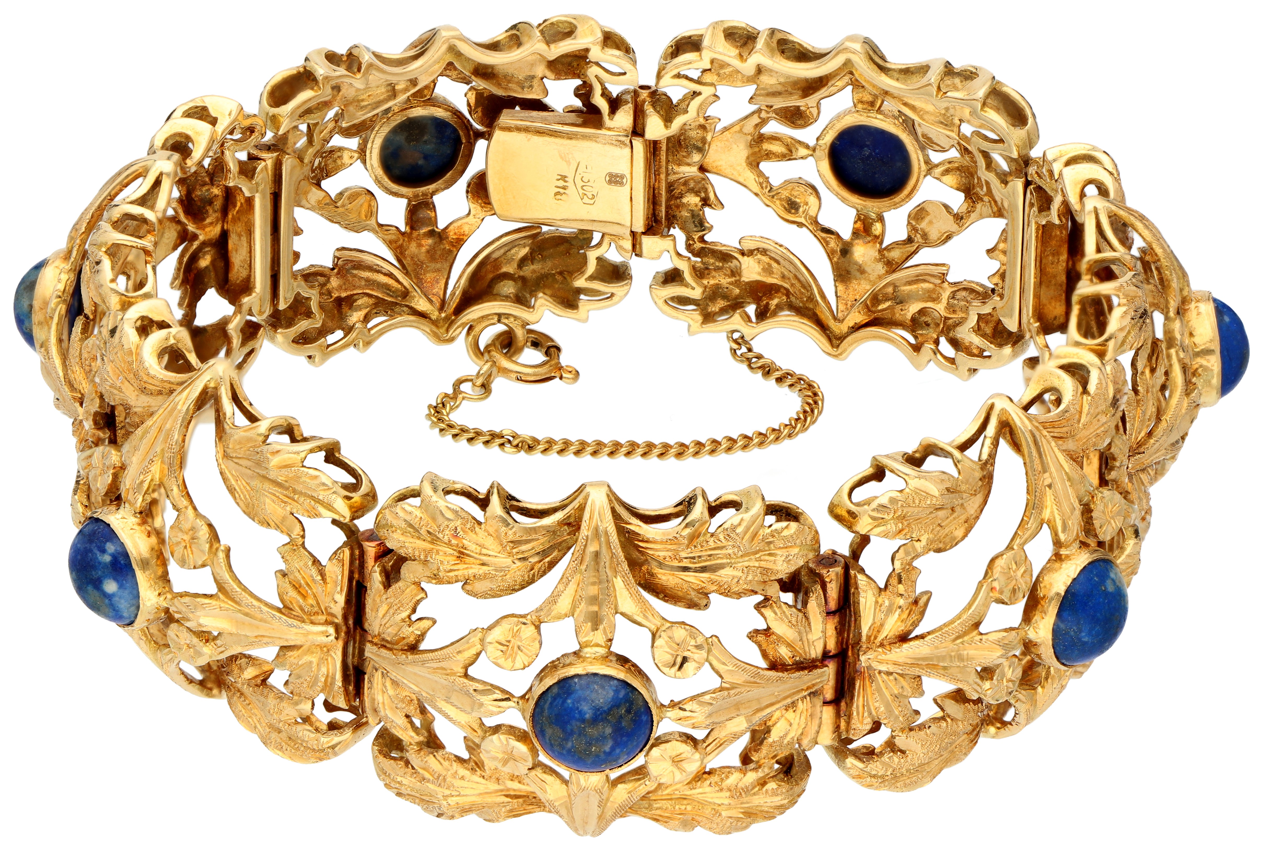 18K Geelgouden opengewerkte schakelarmband met lapis lazuli.