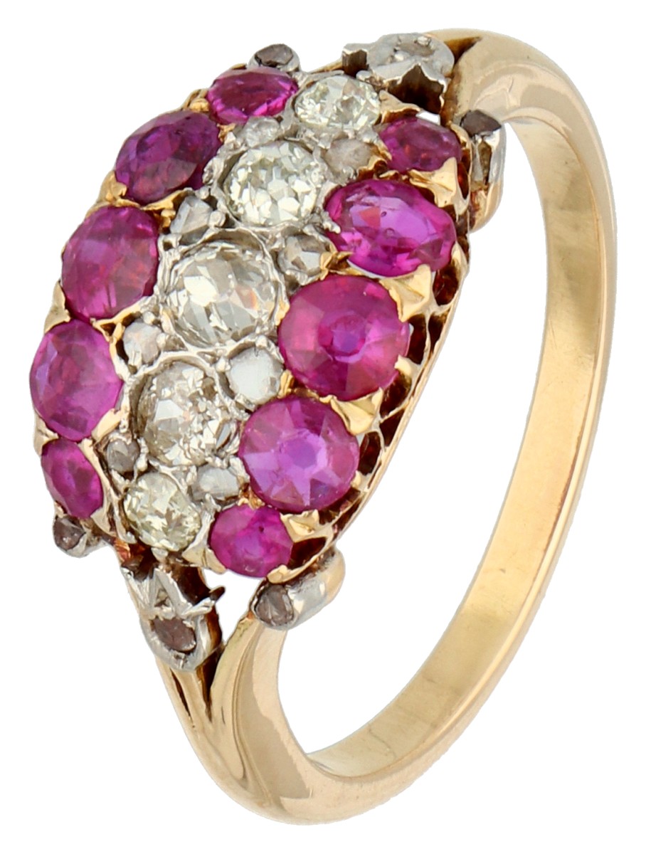 18K Geelgouden Franse ring met diamant en synthetische robijn.