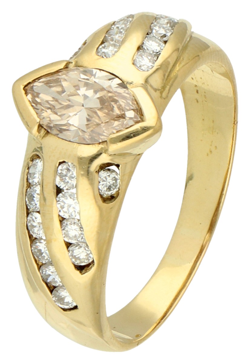 18K Geelgouden ring met marquise geslepen diamant van ca. 0.71 ct.