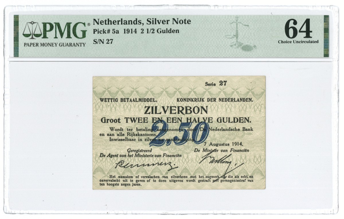 Nederland. 2½ gulden. Zilverbon. Type 1914. - PMG 64