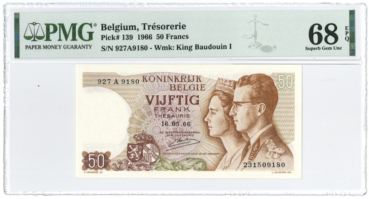 Belgium. 50 francs. Banknote. Type 1966. - PMG 68EPQ