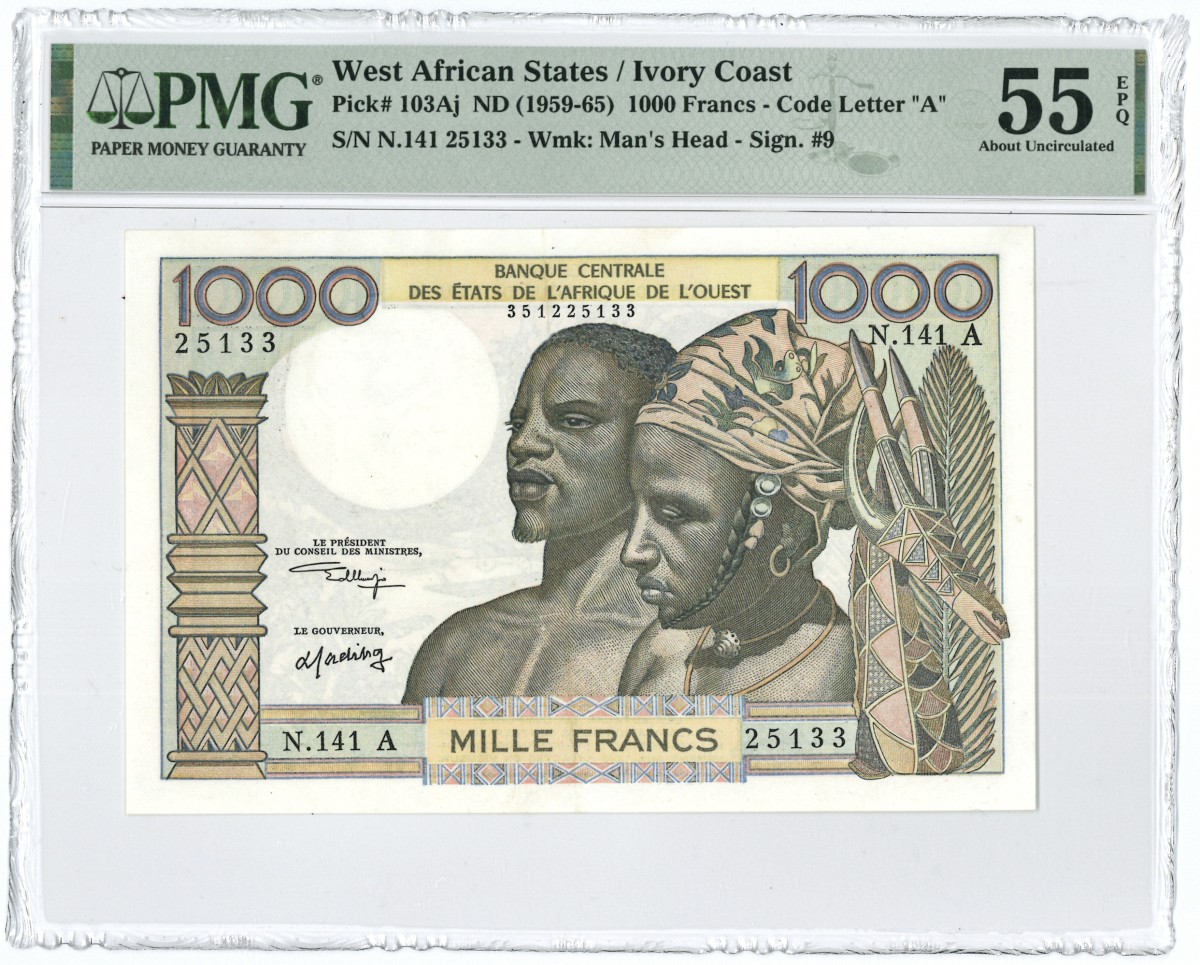 West African States. 1000 francs. Banknote. Type 1959-1965. - PMG 55EPQ