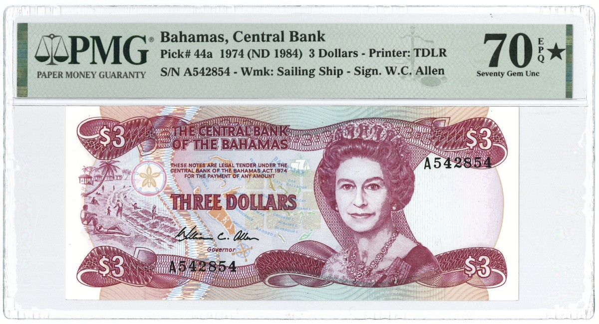 Bahamas. 3 dollars. Banknote. Type 1974. - PMG 70EPQ TOP POP