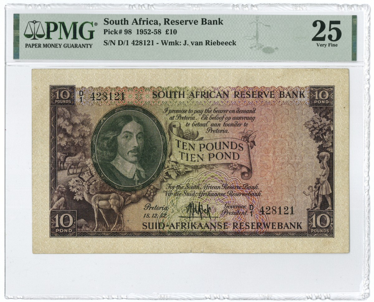 South-Africa. 10 pounds. Banknote. Type 1952-1958. - PMG 25