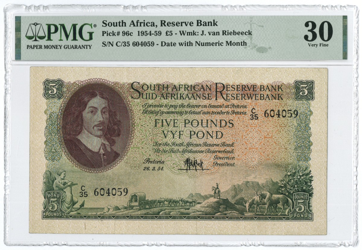 South-Africa. 5 pounds. Banknote. Type 1954. - PMG 30