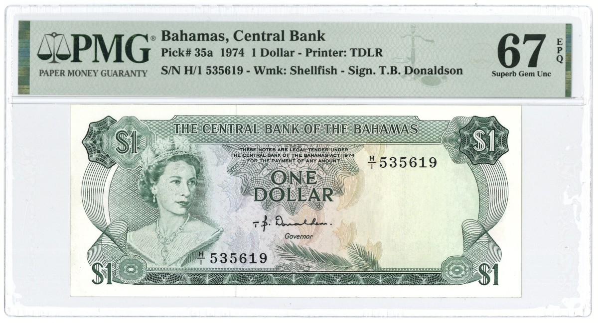 Bahamas. 1 dollar. Banknote. Type 1974. - PMG 67EPQ