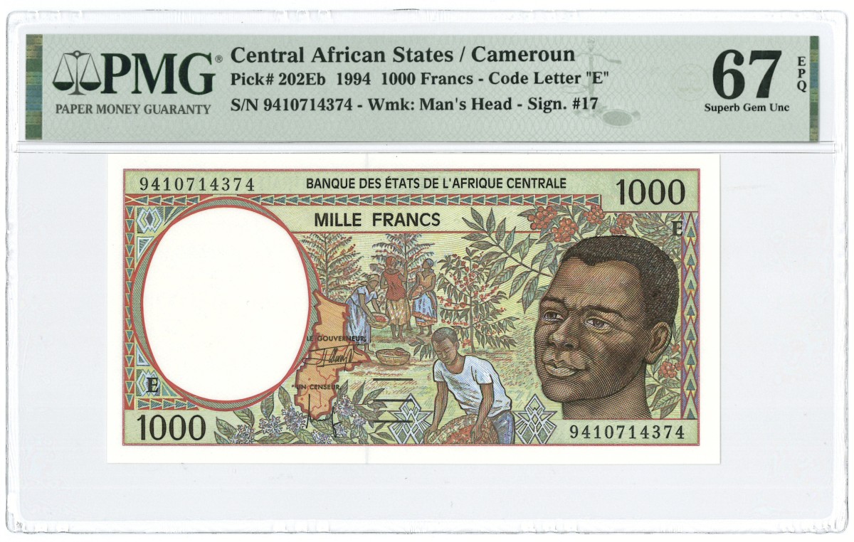 Central African States. 1000 francs. Banknote. Type 1994. - PMG 67EPQ