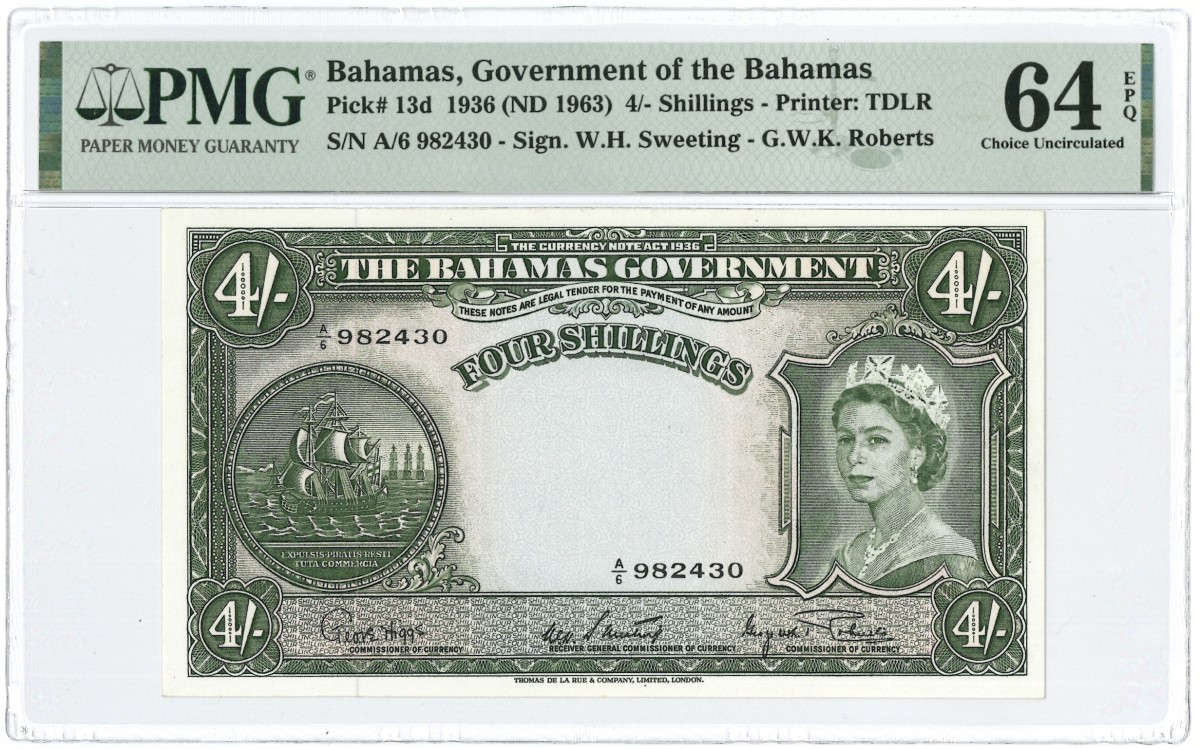 Bahamas. 4 shillings. Banknote. Type 1963. - PMG 64EPQ