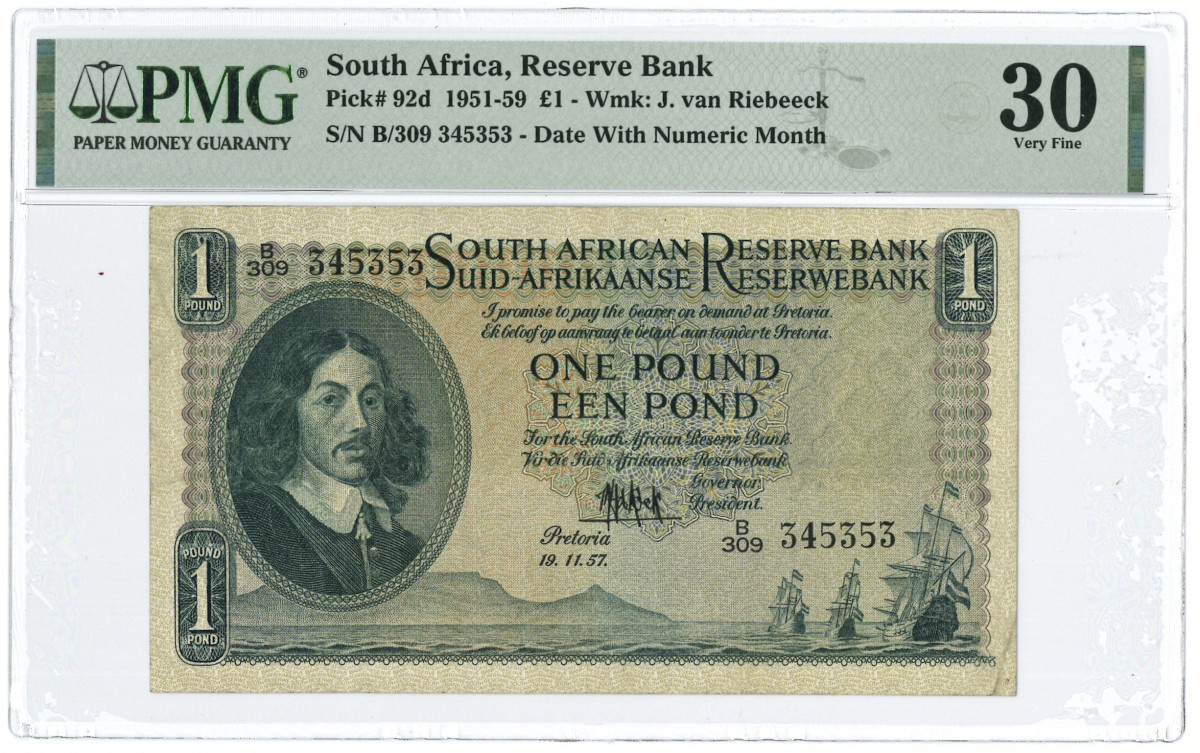 South Africa. 1 pound. Banknote. Type 1957. - PMG 30