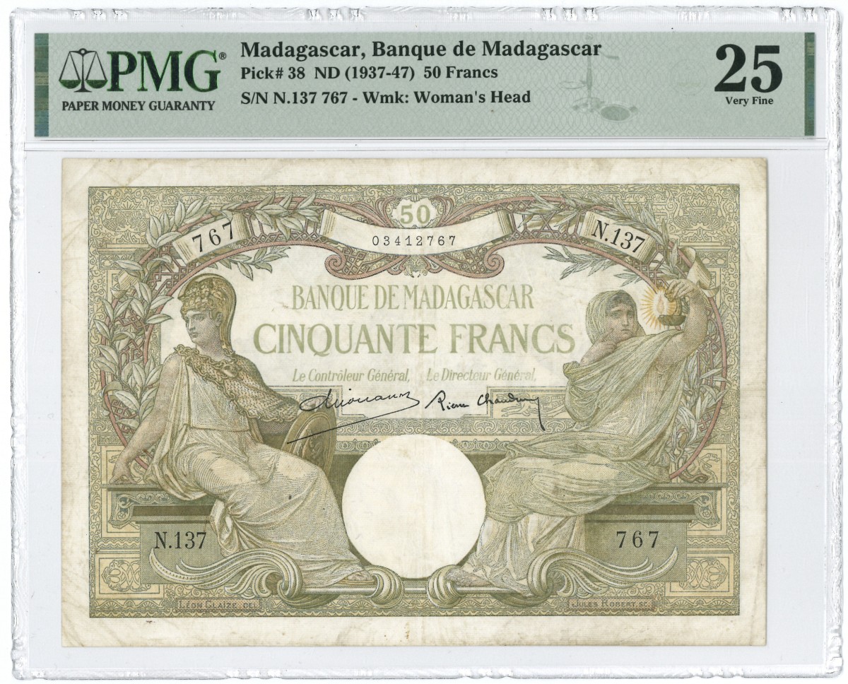 Madagascar. 50 francs. Banknote. Type 1937-1947. - PMG 25