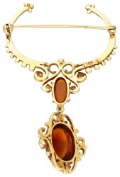 14K Geelgouden broche met hanger met copal (barnsteen).