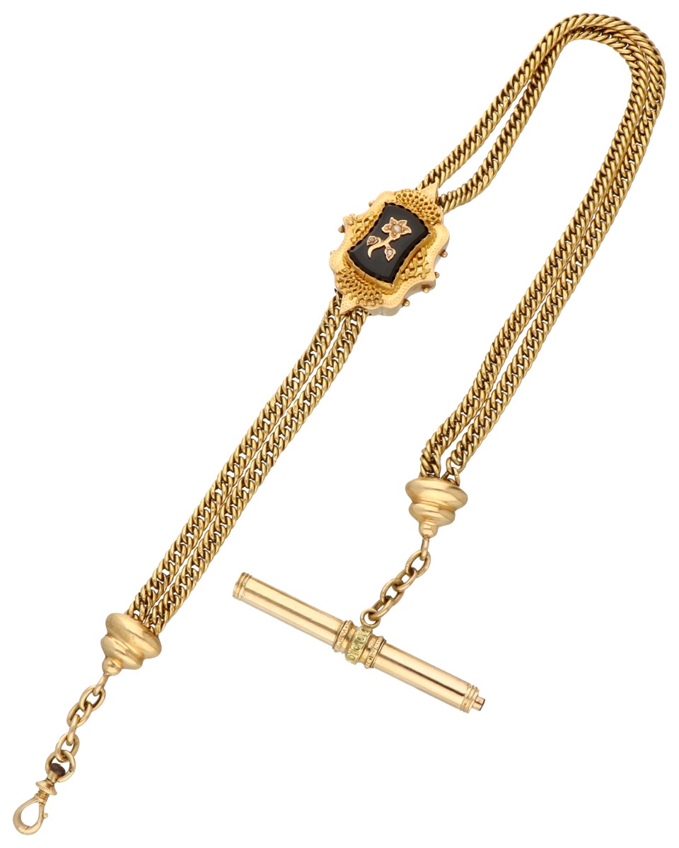 14K. Geelgouden antieke horlogeketting met schuifje bezet met onyx en zaadparel.
