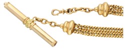 14K. Geelgouden antieke horlogeketting met schuifje bezet met onyx en zaadparel.