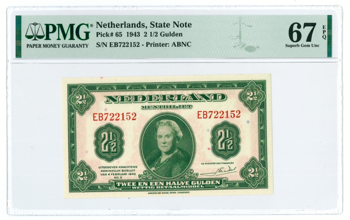 Nederland. 2½ gulden. Muntbiljet. Type 1943. - PMG 67EPQ