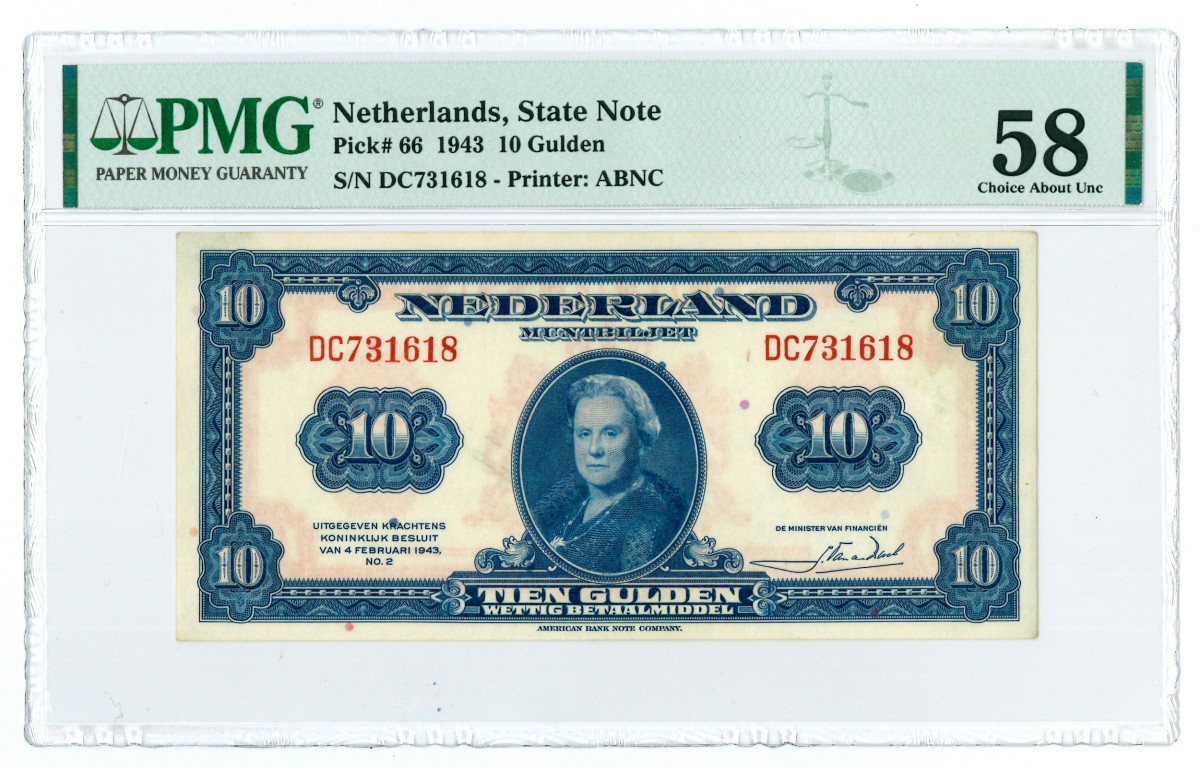 Nederland. 10 gulden. Muntbiljet. Type 1943. - PMG 58