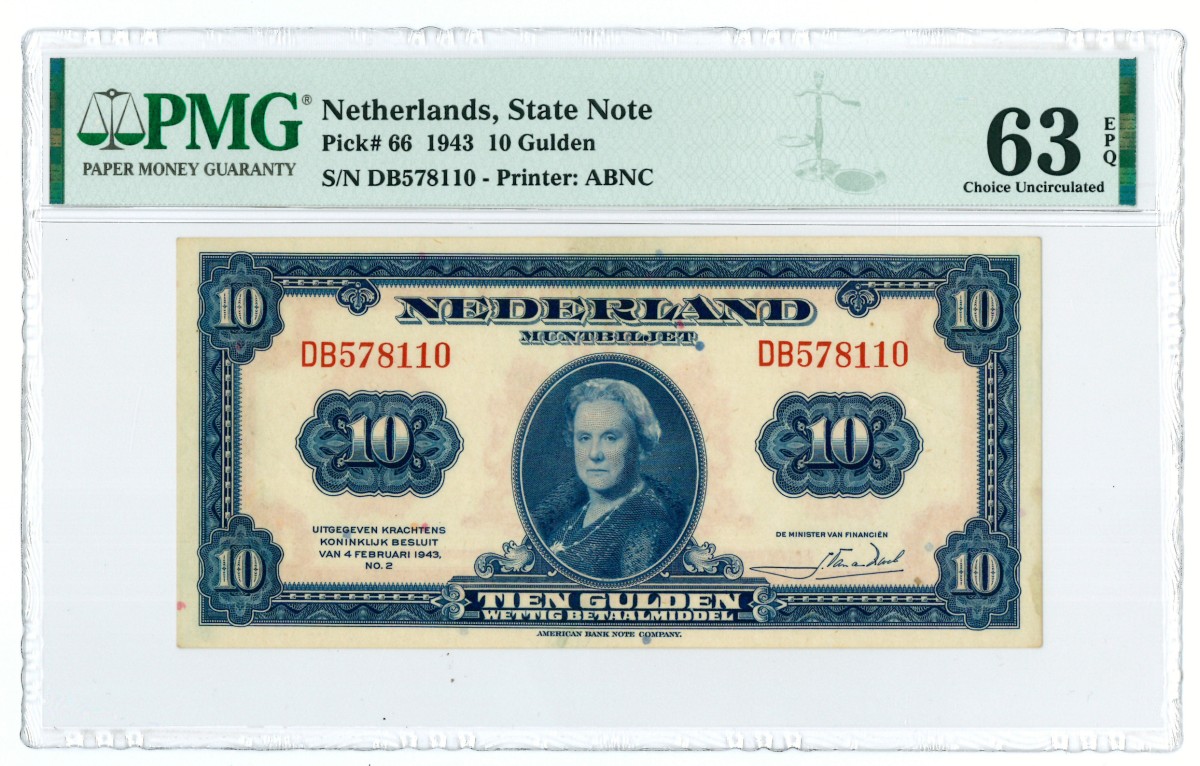 Nederland. 10 gulden. Muntbiljet. Type 1943. - PMG 63EPQ