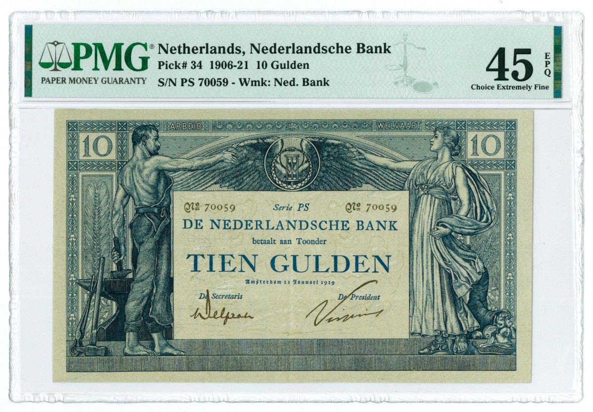 Nederland. 10 gulden. Bankbiljet. Type 1921. - PMG 45EPQ